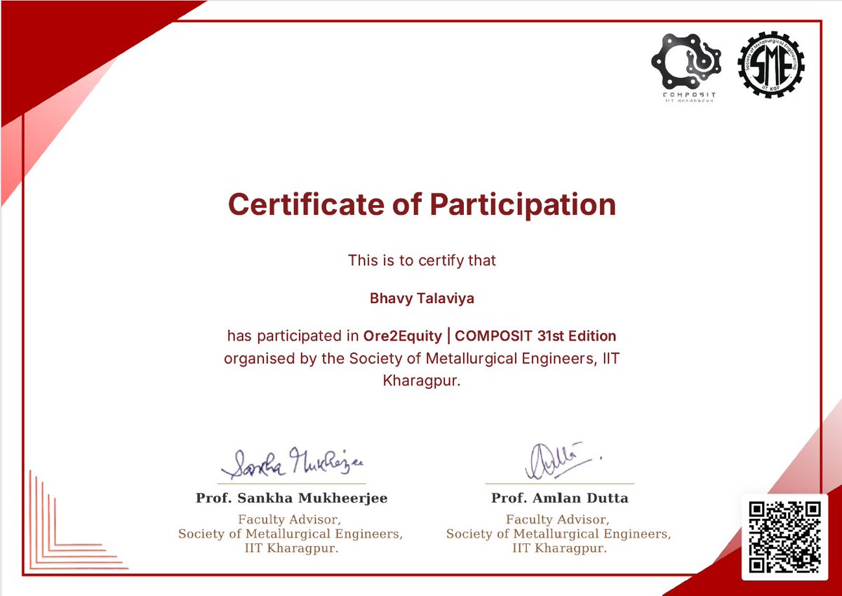 BhavyTalaviya04's tweet image. 🎓Received a certificate of recognition from the Society of Metallurgical Engineers, IIT Kharagpur. Grateful for the guidance of Prof. Sankha Mukherjee &amp;amp; Prof. Amlan Dutta. Excited to keep learning and growing .🚀
#Achievement #IITKharagpur #Growth #Metallurgy #Learning