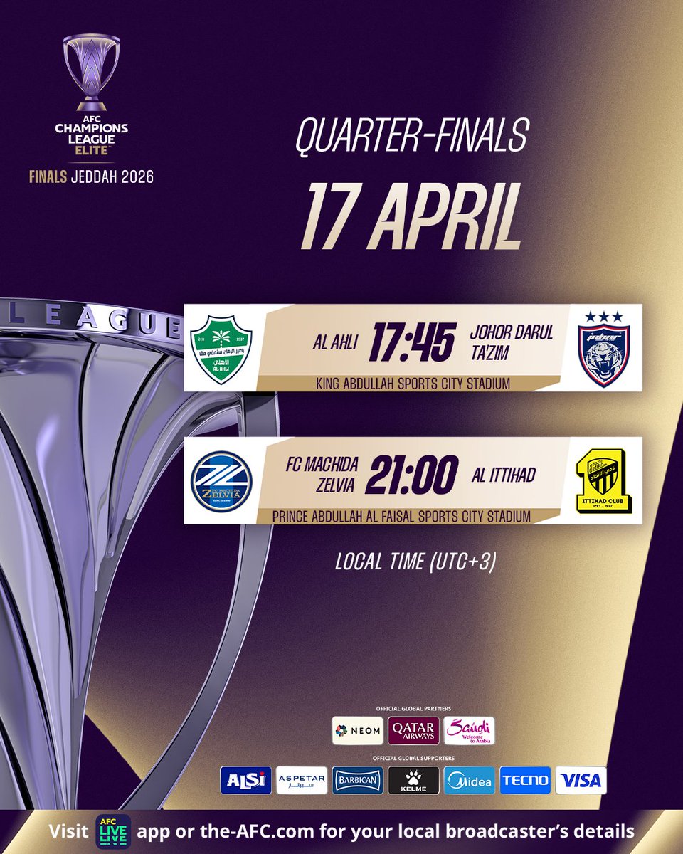 TheAFCCL's tweet photo. Double #ACLElite Quarter-Finals action today 🔥

Watch live on https://t.co/sMjqIhGjJJ 🎥 https://t.co/cn4B6vEkfg