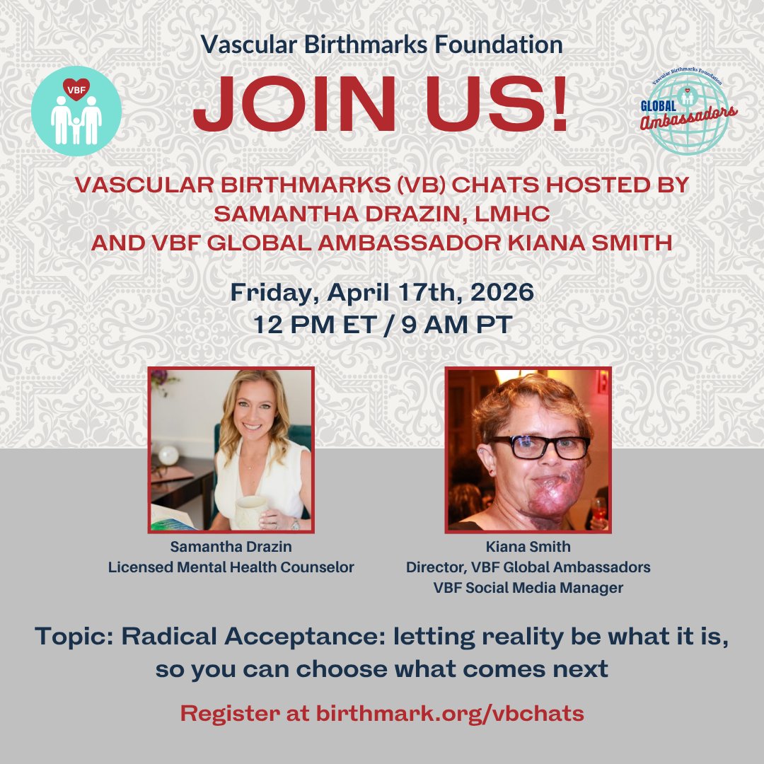 VBirthmarks's tweet image. Join us today, Friday, April 17, 2026 at 12 PM ET / 9 AM PT as we discuss the topic: Radical Acceptance.

Hosted by Samantha Drazin LMHC, and VBF Global Ambassador Kiana Smith

 #RadicalAcceptance #BirthmarkCommunity #SelfAcceptance