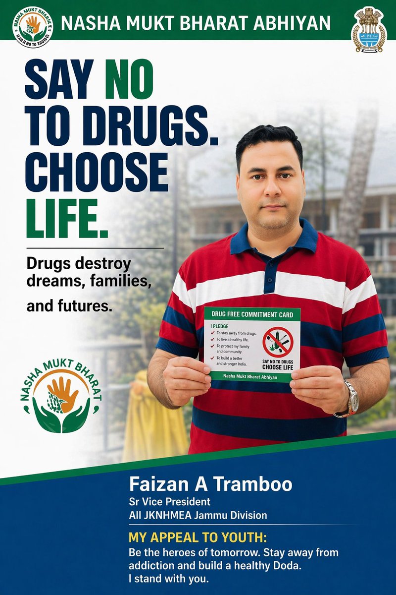 Say No to Drugs. Choose Life. 🚫
Drugs destroy dreams, families, and futures. Our youth are our strength. Let’s protect them by spreading awareness &amp; promoting a drug-free society. Together, we can build a healthier and brighter tomorrow. #DrugsFreeDoda
<a href="/dpododa/">DISTRICT POLICE DODA</a> <a href="/CentreDoda/">Information & PR Doda</a>