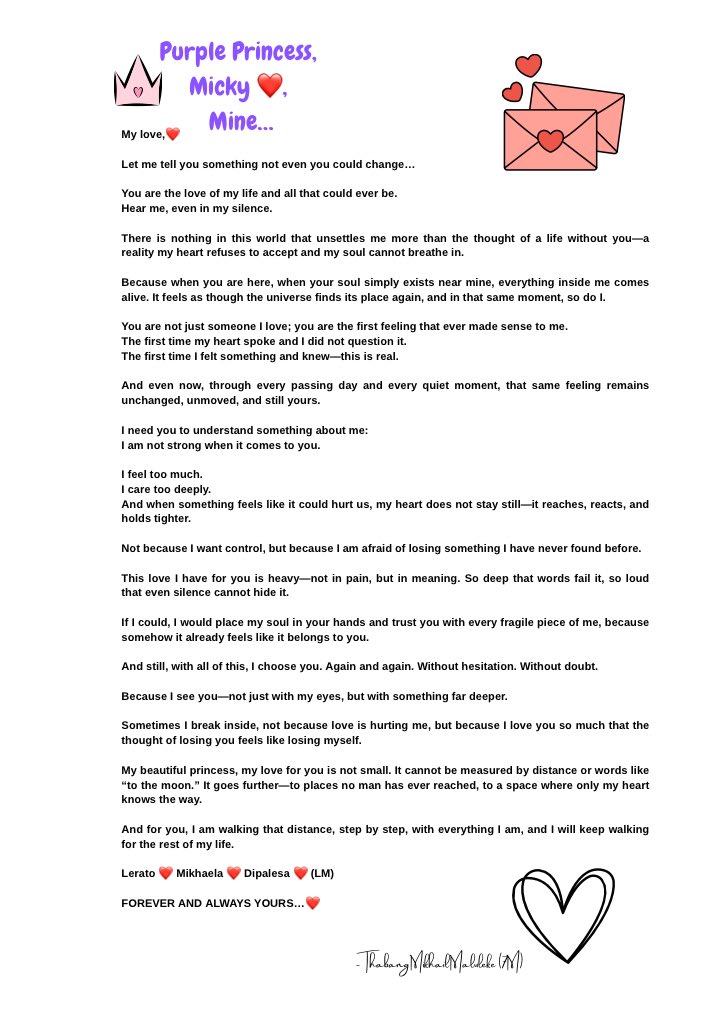 7mThabang's tweet image. To Micky❤️ (LM)

-Thabang Mikhail Maluleke (7M)

#Malema #Afriforum #Zuma #Thepope #ThabangMikhailMaluleke(7M) #Love #LETTER #Lerato