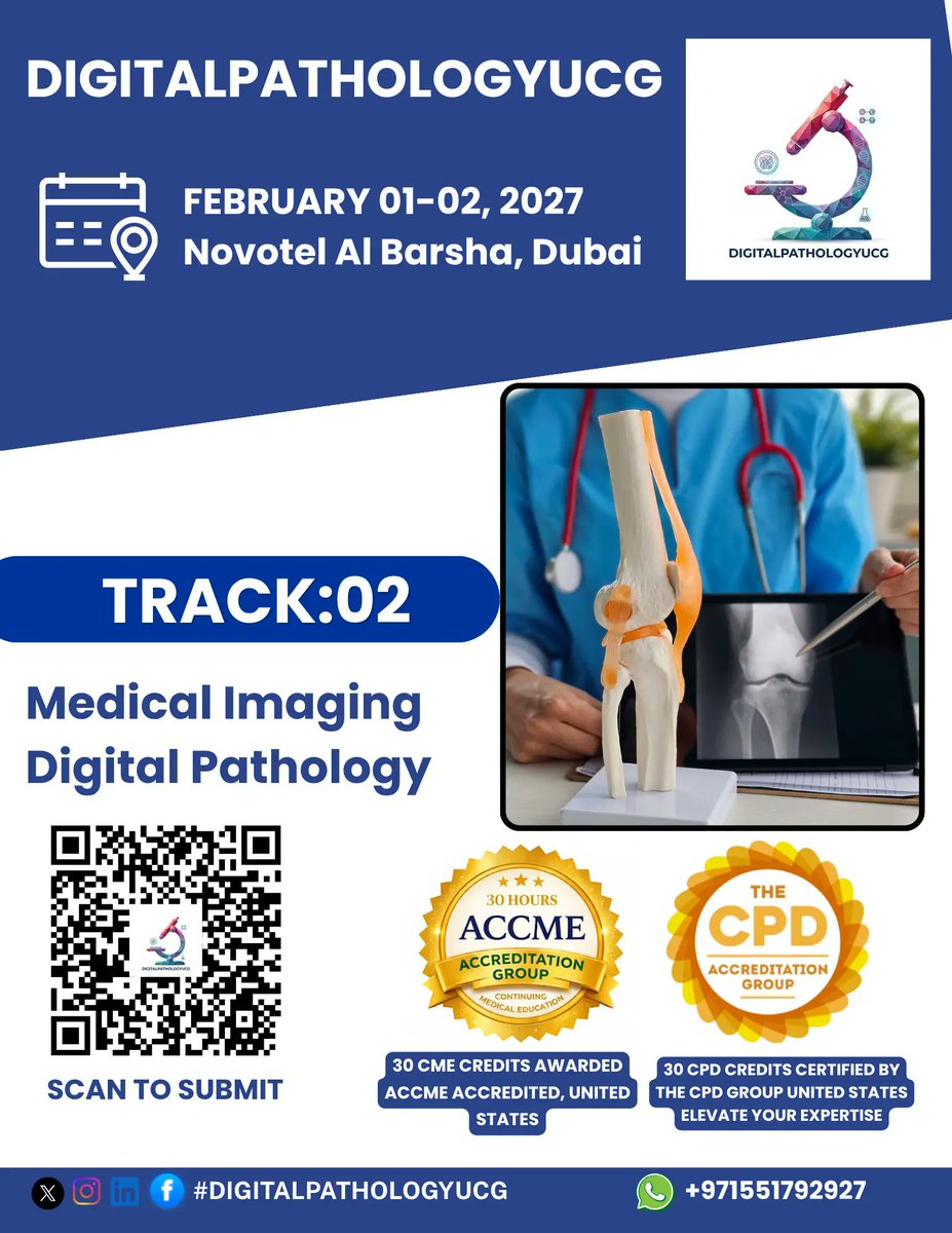 DrKhadijaAlAmi1's tweet image. Track 02 – Medical Imaging &amp;amp; Digital Pathology

The 15th World Digital Pathology, Diagnostics &amp;amp; AI UCG Congress &amp;amp; Exhibition 

Submit your abstract: …lpathology.utilitarianconferences.com/submit-abstract

WhatsApp: wa.me/+971551792927

#DigitalPathology #MedicalImaging #ArtificialIntelligence