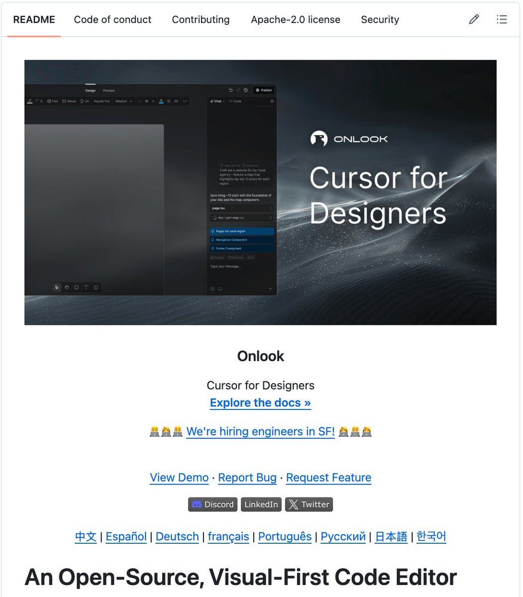 Figma charges $15/user/month.
 Webflow charges $29/month.

Someone built an open source design tool where you visually edit your React app and the code writes itself. 23,900 stars. Free.

It's called Onlook. The Cursor for Designers.

You see your live React app. You click on any