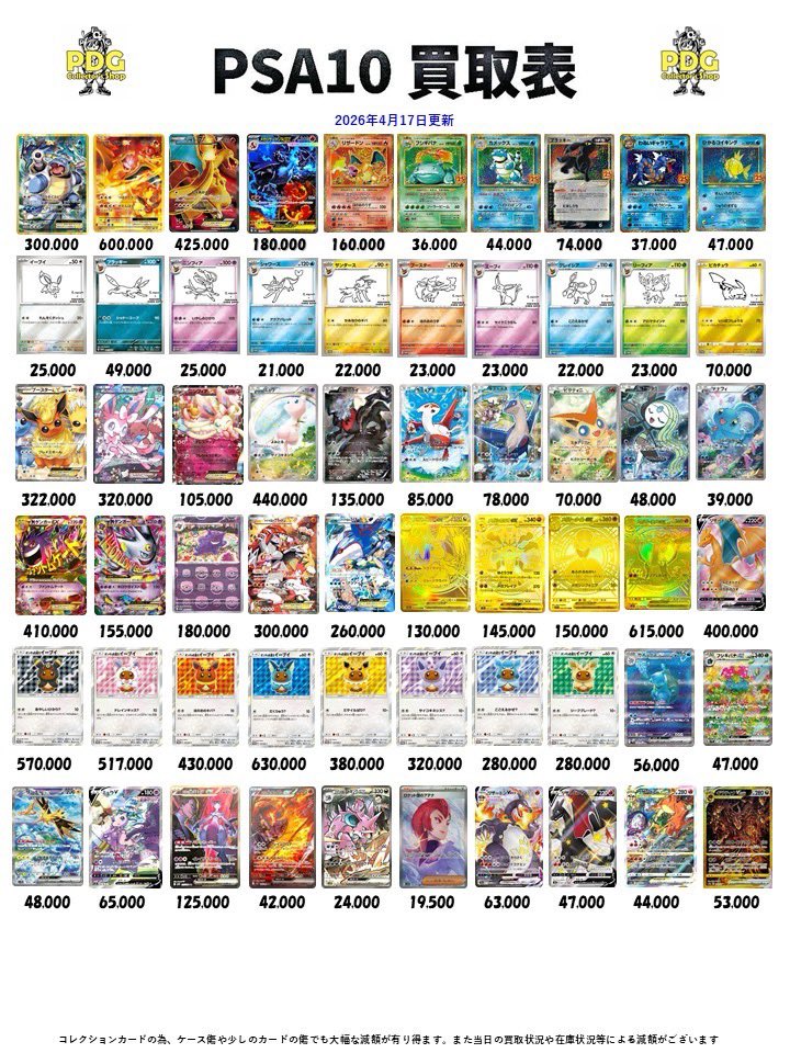 PDGcollectors's tweet image. 本日の買取表となります‼️

本日も多数買取致しますのでお持ちの方はぜひ当店へお持ち込みください✨

また買取表以外のラインナップでも大丈夫です👍

皆様のご来店お待ちしております‼️

#秋葉原　#PSA10 #PSA #ポケカ　#ポケモンカード