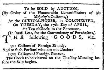 ColCivicSociety's tweet image. #OnThisDay - 17 April  1787,  By Order of the Commissioners of Customs 300 gallons of Foreign Brandy and 1500 gallons of Foreign Geneva were to be sold by auction at the #Colchester Custom House. In the case of the Geneva, ’only to such persons who are not dealers...’