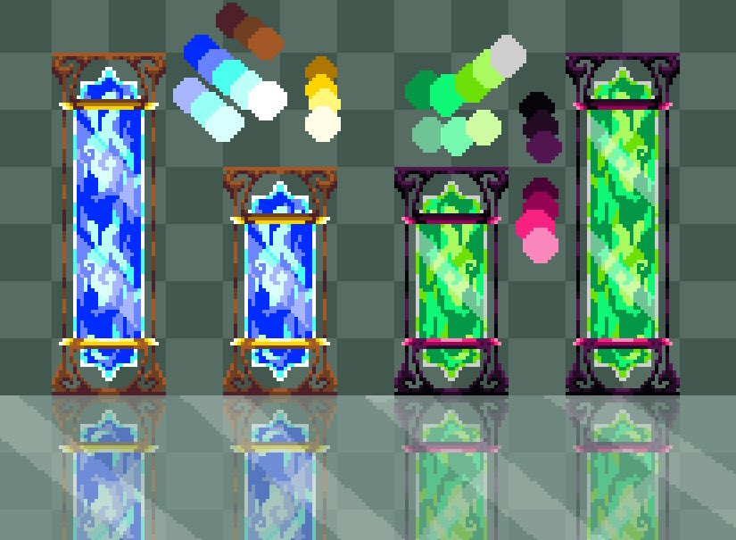 A__Soulstice's tweet photo. APRILLAR #16 Magical Modular Vial Pillar for today (totally didn’t rot trying to figure out colors for this for too long but I got it down :husk:)

#pixelart https://t.co/TSjGLSUmZ2