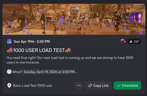 RedAzuki_'s tweet photo. The 1000 user @BasisVR load test is upon us. I will be streaming it on my Twitch and Tiktok! Sunday April 19th at 3PM PDT on https://t.co/9LGbZ3J0gJ Prepare for a chaotic good time. https://t.co/imyoZ1Vm8B