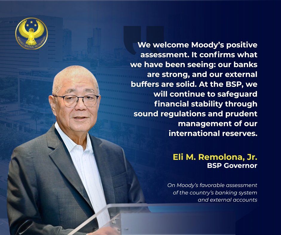 BangkoSentral's tweet photo. The Bangko Sentral ng Pilipinas (BSP) welcomes Moody’s favorable assessment of the country’s banking system and external accounts.

In its credit opinion released on 14 April 2026, Moody’s recognized the Philippine banking system as “well capitalized, profitable, and competently managed.” It cited the quality of the BSP’s supervision, noting that its application of international regulatory standards and preemptive measures supports financial stability.
https://t.co/3HB41x9nQc

#BSP #BSPupdates