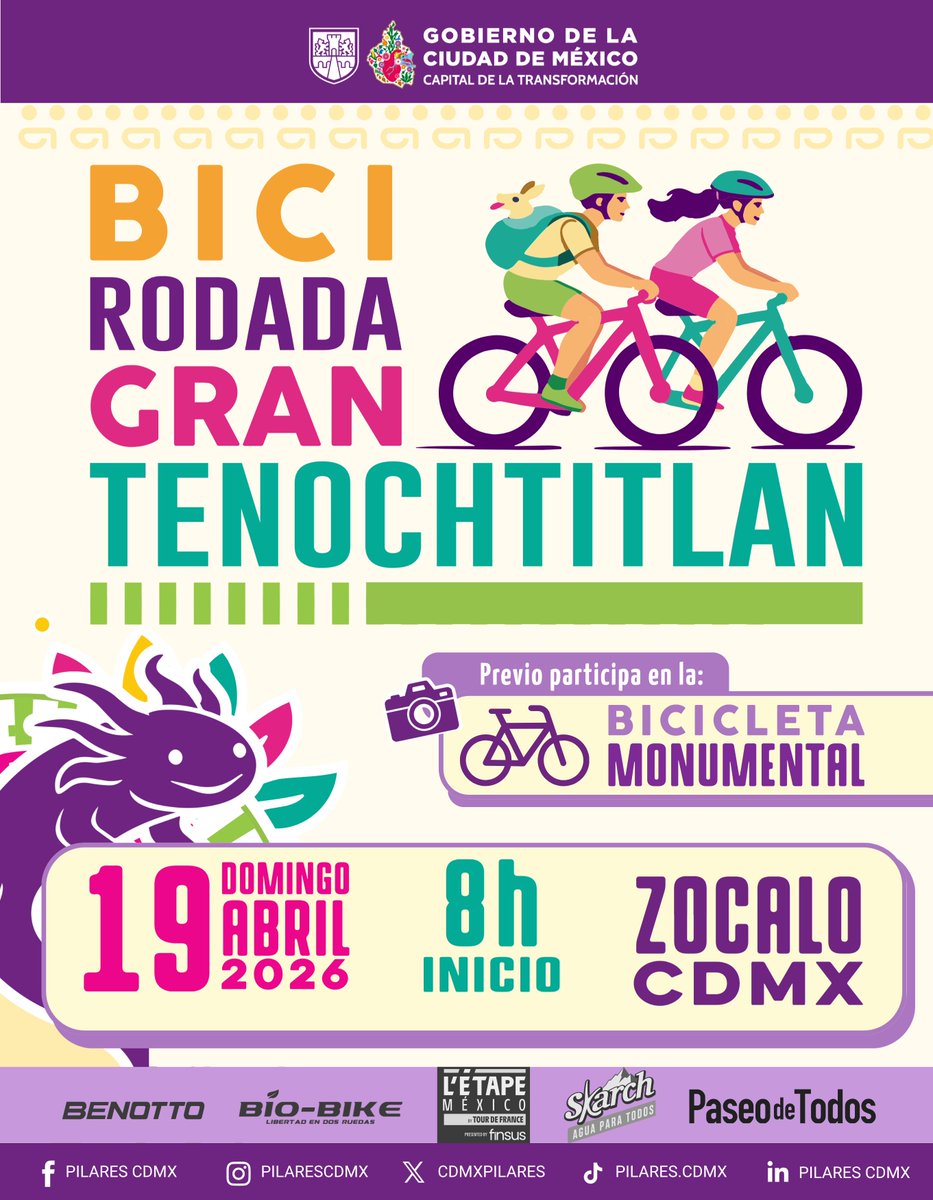PaseodeTodos's tweet photo. Este domingo 19 de abril acompáñanos a las 8:00 am en el Zócalo CDMX para formar la BICICLETA MONUMENTAL y después salir juntos a la "Bici Rodada Gran Tenochtitlán", inaugurando la nueva ciclovía sobre Tlalpan hasta el kiosco Huipulco.

Te esperamos. https://t.co/RRWPTaF5sS