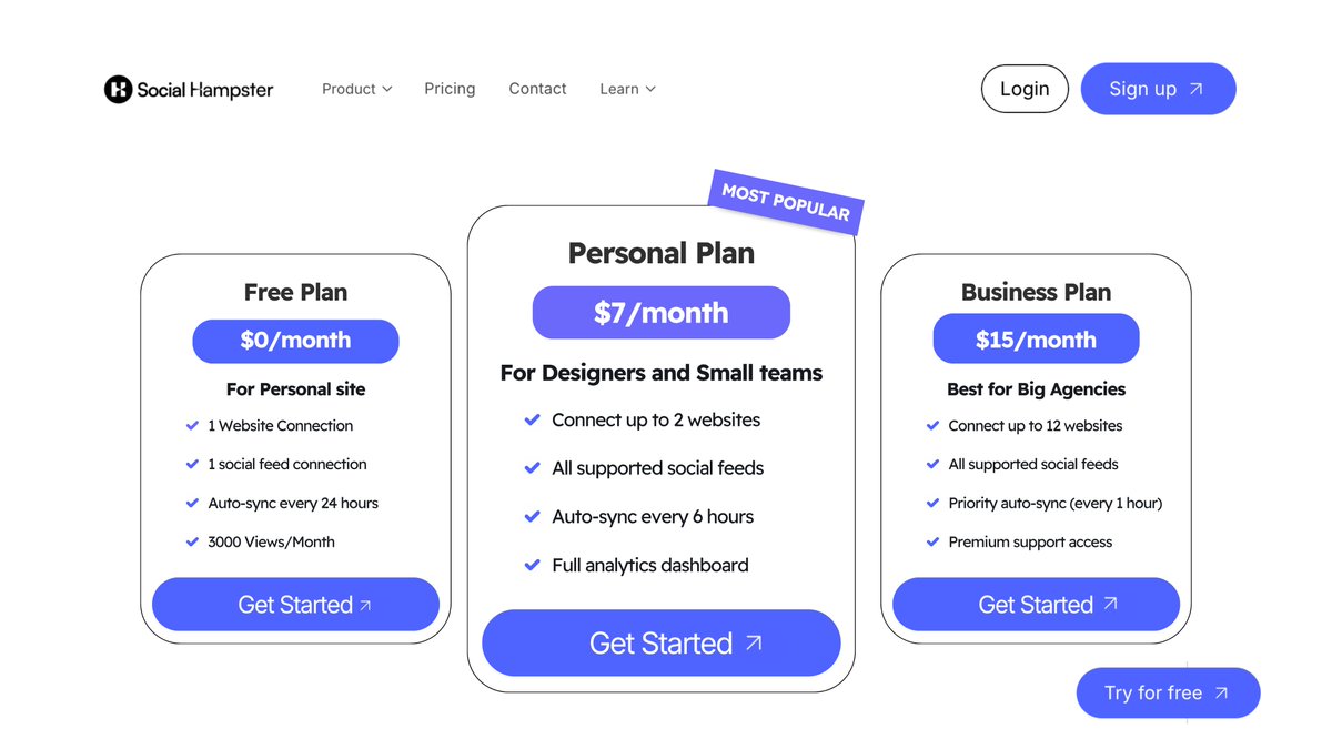 SocialHampster's tweet photo. Free plan vs Personal plan vs Business plan.

Here's exactly what you get at each level 👇

Free: 1 site · 1 platform · 8 posts · 3,000 views

Personal ($7/mo): 2 sites · 16 posts · 5 platforms · unlimited views

Business ($15/mo): 12 sites · 5 platforms · 200 posts · analytics · unlimited views

https://t.co/TZhuls3lKY

#Framer #FramerPlugin