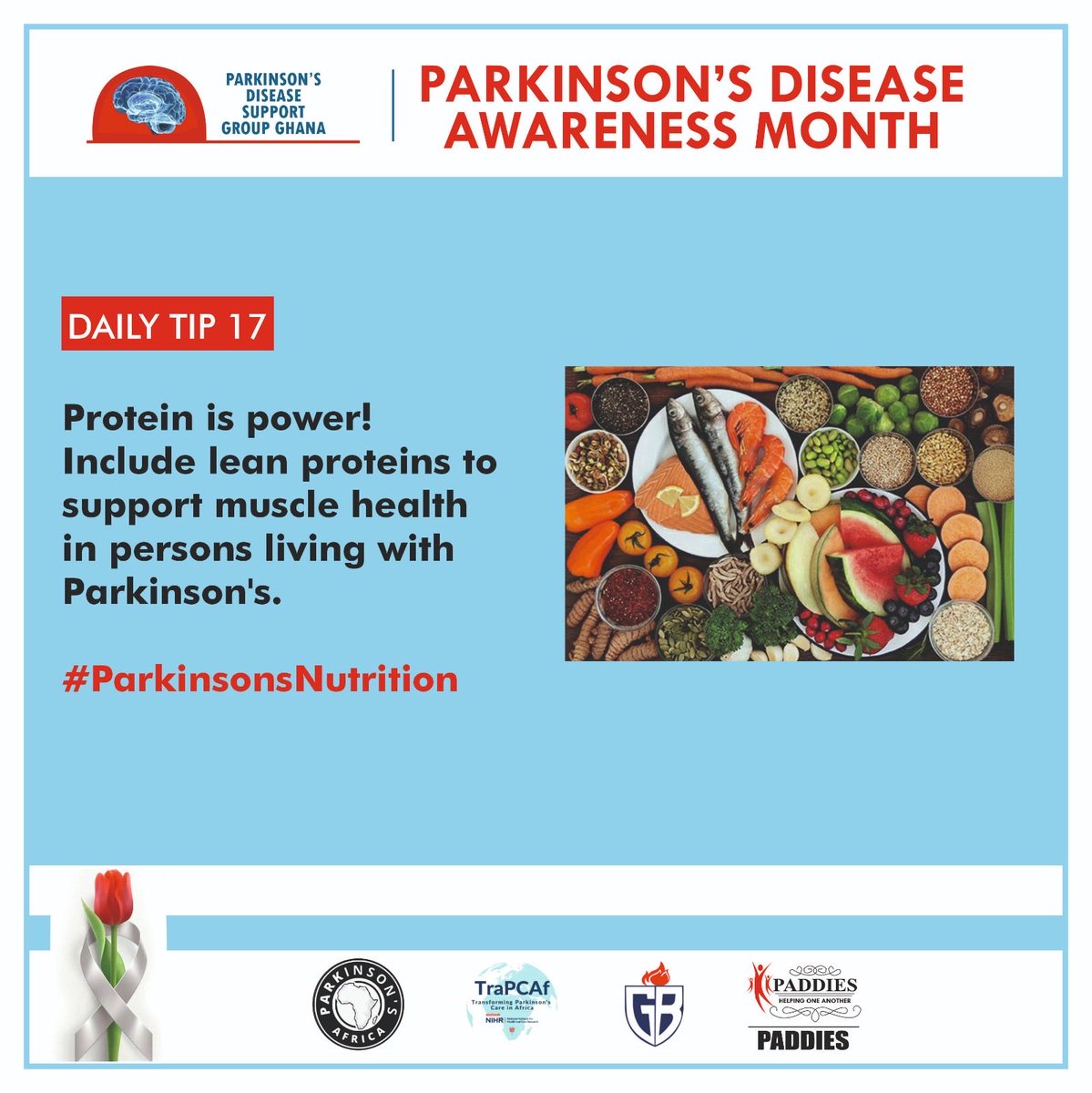 parkinsonsGhana's tweet image. 💡 Day 17 tip for today: Protein is power ! Include lean proteins to support muscle health in persons living with Parkinson’s.
#parkinsons #accra #ghana #protein #parkinsonsawareness #accraghana #parkinsonsdisease #news #protein