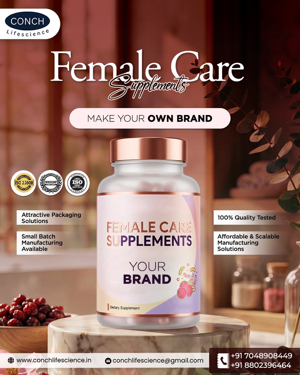 LifeConch4414's tweet image. Launch your Female Care Supplements brand with expert manufacturing 🌸 Customised formulas, premium packaging &amp;amp; scalable solutions to grow your business.

#WomensHealth #FemaleCare #PrivateLabel #Nutraceuticals #StartupIndia #HealthBusiness #ConchLifescience