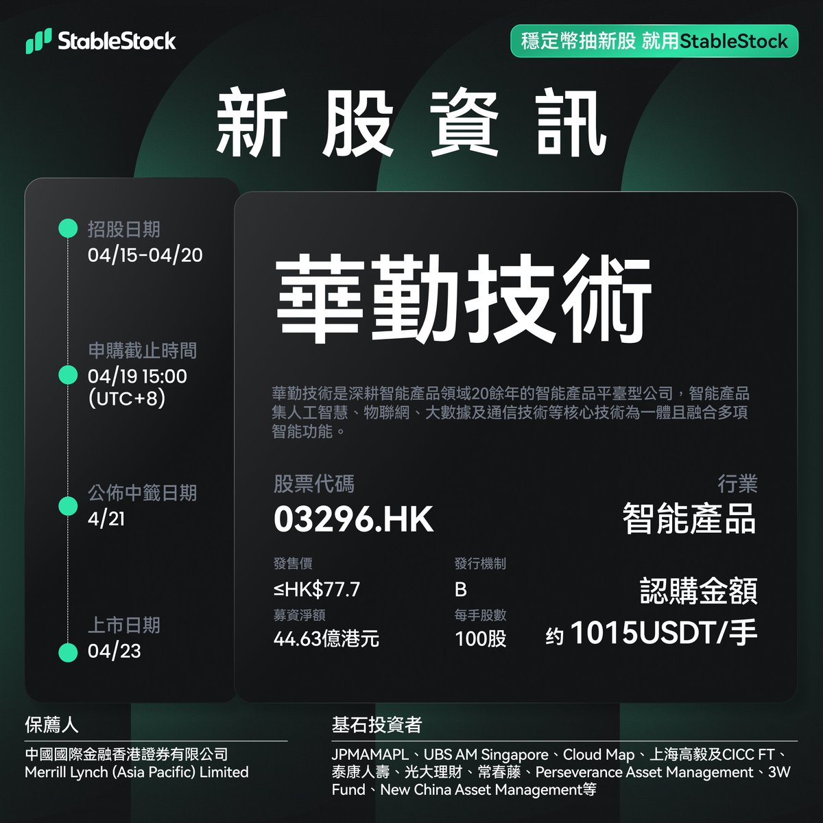 打新認購進行中｜華勤技術 03296 .HK

華勤技術是深耕智能產品領域20餘年的智能產品平臺型公司，智能產品集人工智慧、物聯網、大數據及通信技術等核心技術為一體且融合多項智能功能，申購進行中

🟢招股期：4月15日 – 4月19日 

詳情及參與見參與頁面 👇 
app.stablestock.finance/ipo