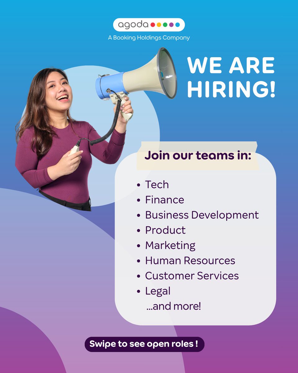 karirfess's tweet photo. Agoda is hiring!

Tech
• Software Engineer, Back End/Front End/Full Stack
• Engineering Manager
• Program Manager – People Technology
• Workday Functional Specialist
• LLM Data Scientist
• Technical Product Manager
• Security Engineer/Analyst
• Machine Learning Engineer

Finance
• Head of Pay-in, Accounts Receivable Operations
• Payments Optimization
• Indirect Tax Advisory
• Fintech Solutions
• Finance Process and Transformation
• Finance Project Manager
• FP&A Analyst

Marketing
• Data Analyst
• B2B Pricing
• Strategic Revenue & Growth Management
• B2B Digital Marketing
• B2B Event Marketing
• Flights Marketing
• Content Strategy & Insights
• Brand & Media

Legal
• Senior Counsel, Product
• Senior Counsel, Fintech & Payment
• Contract Management Analyst

Customer Service
• Project Manager
• Project Associate
• Customer Service Specialist
• WFM Capacity Planner
• Regional Customer Service Manager

People
• Global Mobility Specialist
• Sourcing Specialist
• Talent Acquisition Partner
• HR Project Manager
• Recruitment Program
• Rewards Senior Specialist
• Employee Relations
• Organizational Performance

Business Development
• Key Account Operations and Projects
• Supply Analytics
• Flights Strategic Project Manager
• Commercial Strategy
• Regional Management Office
• Supply Operations
• Analyst

Strategic Partnerships
• Strategic Project Manager
• Analyst, Strategy & Analytics
• Disputes, Finance Operations
• Chain Wholesales

@hrdbacot @direktoridosen @dosenkesmas @ezash