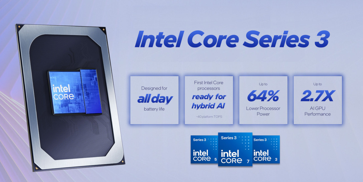 cnxsoft's tweet photo. .@Intel Core Series 3 "Wildcat Lake" processor family has been officially launched!
https://t.co/8bD6hAkz9e

It's an entry-level processor family with up to 40 TOPS NPU for laptops and Edge AI systems ranging from the 5-core Intel Core 3 304 up to the 6-core Intel Core 7 360 SoC. It integrates six PCIe Gen4 lanes, two Thunderbolt 4 interfaces, two USB 3.2 and eight USB 2.0 interfaces, as well as WiFi 7 and Bluetooth 6.0 connectivity.

It provides an upgrade to 15W Raptor Lake processors like the Intel Core 7 150U, and competes against NVIDIA Jetson Orin Nano for Edge applications.