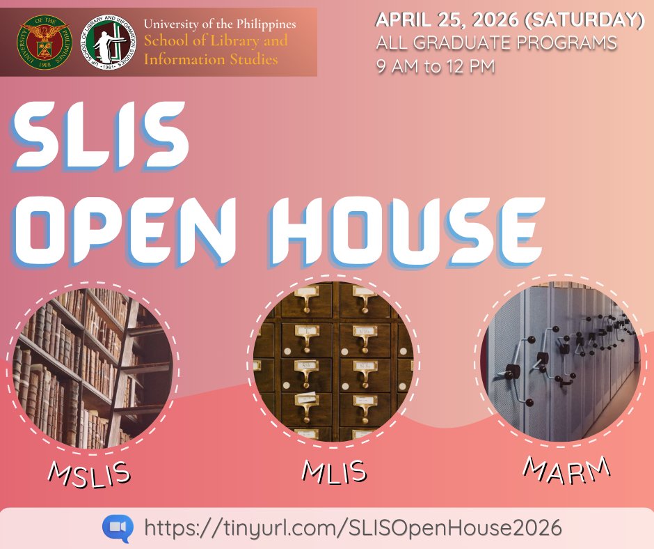 upslis's tweet photo. UP SLIS warmly invites you to our online Open House on Saturday, the 25th of April 2026 from 9AM to 12NN.

Come meet our faculty, learn how our programs can help you advance your career, and get your all you questions about graduate school answered.

https://t.co/S2pCzHBHCa https://t.co/o6m2ReaYrf