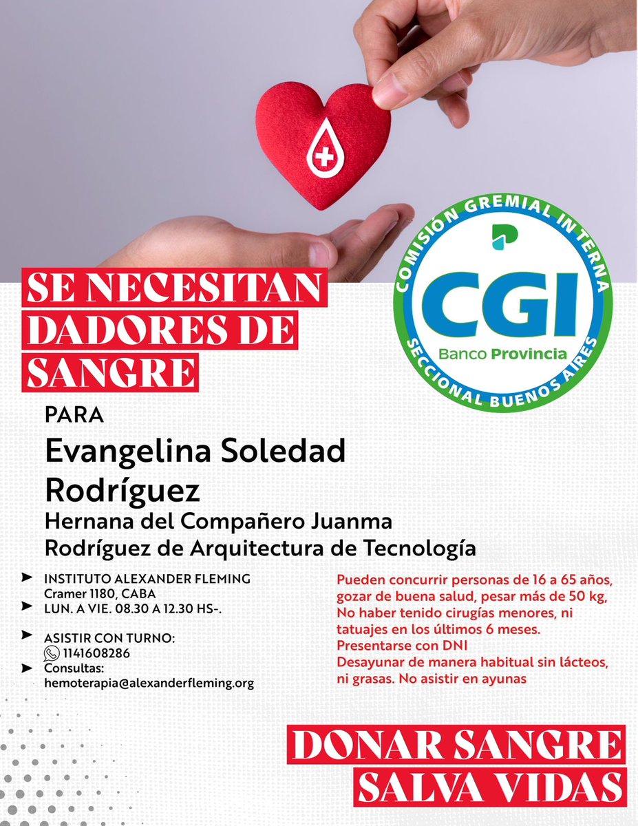 SE NECESITAN DADORES DE SANGRE

CGI BANCO PROVINCIA, SECCIONAL BUENOS AIRES