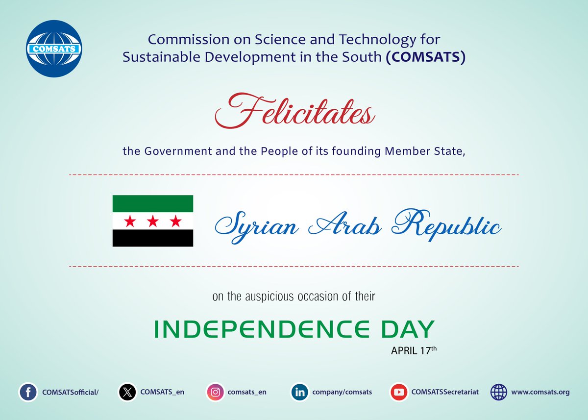 COMSATS_en's tweet image. Felicitations to Syrian Arab Republic 

@SyPresidency
@syrianmofaex
@MoheSyria
@ZakariaNafees

#IndependenceDay #COMSATS
