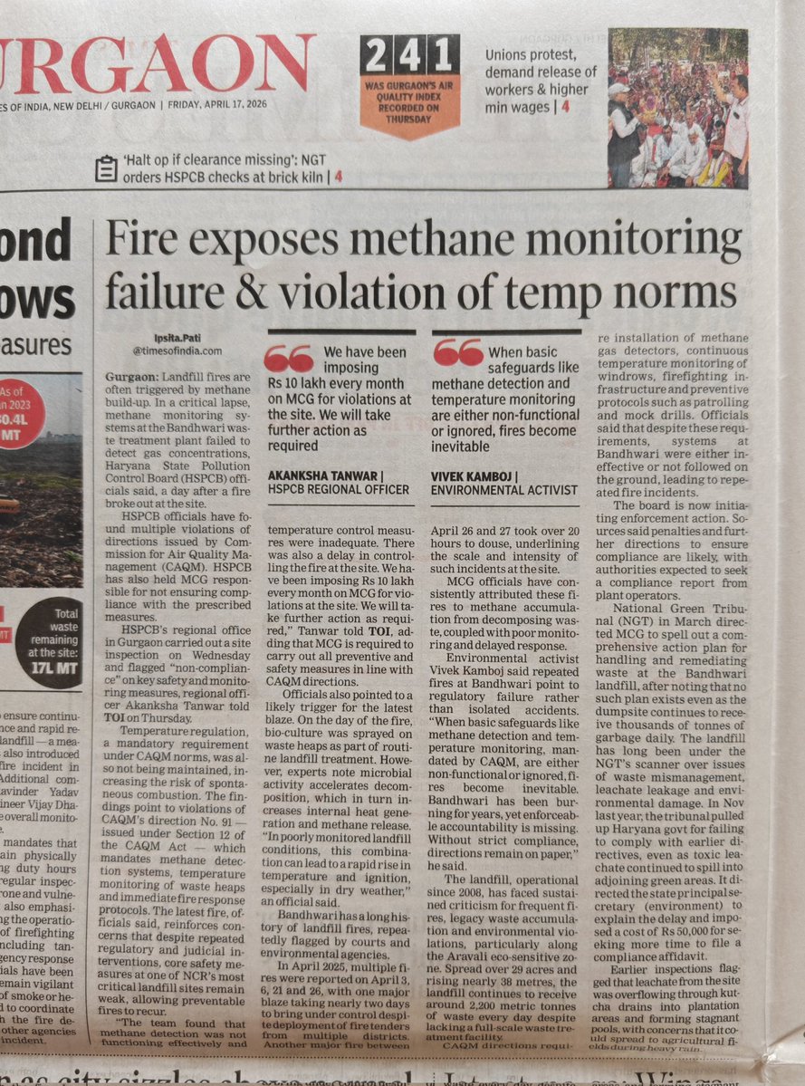 IpsitaTOI's tweet image. Bandhwari fire lays bare critical lapses: methane detectors failed, temperature norms flouted, and safeguards ignored, exactly what turns #landfill sites into ticking hazards. HSPCB flags violations, action promised. When will compliance follow? @Vaishali_Rana__
