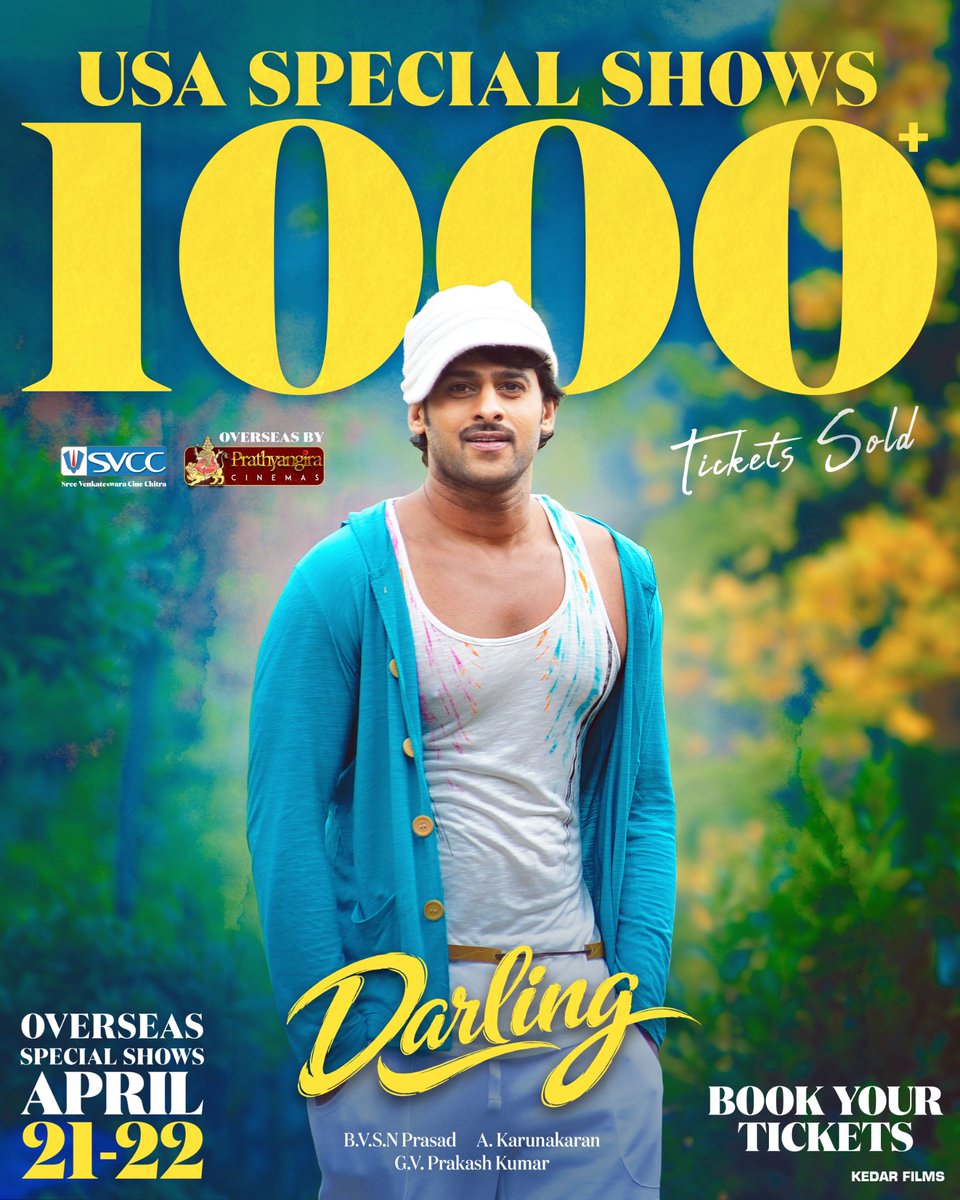 PrathyangiraUS's tweet image. Just the Beginning... ♥️

#Darling USA Special Shows - 1000+ Tickets Sold and Counting 🤗

Book Your Tickets 🎟️ 

#Darling4K OVERSEAS SPECIAL SHOWS on APRIL 21, 22 ❤️

Overseas By @PrathyangiraUS

#Prabhas @MsKajalAggarwal @GVPrakash #Karunakaran @SVCCofficial @KedarFilms