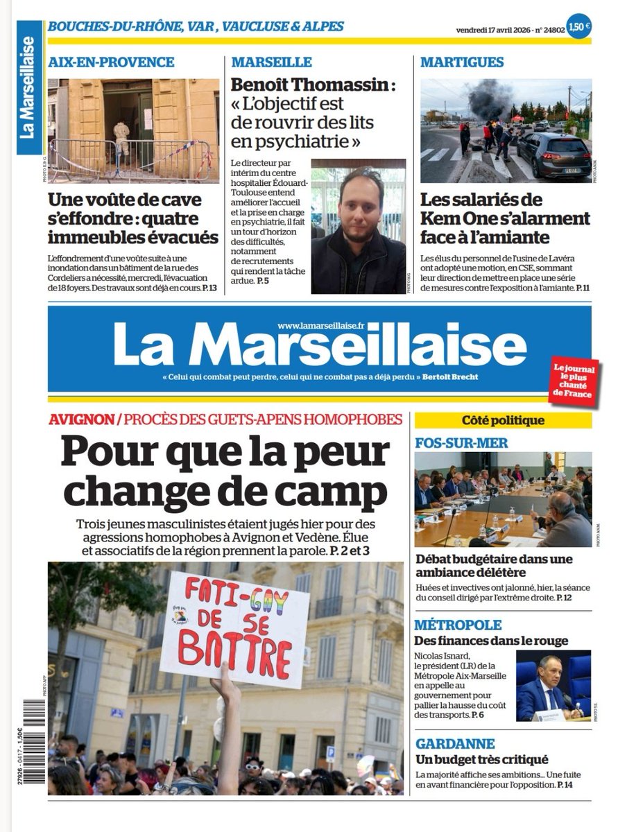 LeoPurguette's tweet photo. #ÀlaUne du 17 avril 2026 #Homophobie #Justice #Avignon #Vedène #Aix #Logement #Marseille #EdouardToulouse #KemOne #Fos #AixMarseilleProvence #Gardanne    
En kiosque et par abonnement sur https://t.co/v33E8KieoH https://t.co/eKeTWYbQEQ