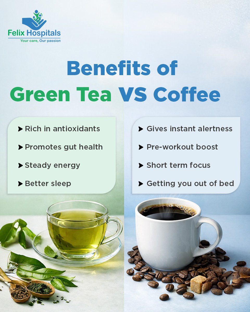 WellnessFelix's tweet image. Green tea gives calm, steady energy while coffee delivers a quick burst of alertness when you need it most. Both can fit into a healthy routine depending on your lifestyle and timing.

#GreenTea #CoffeeLovers #HealthyChoices #MindfulLiving #WellnessTips #FelixHospital