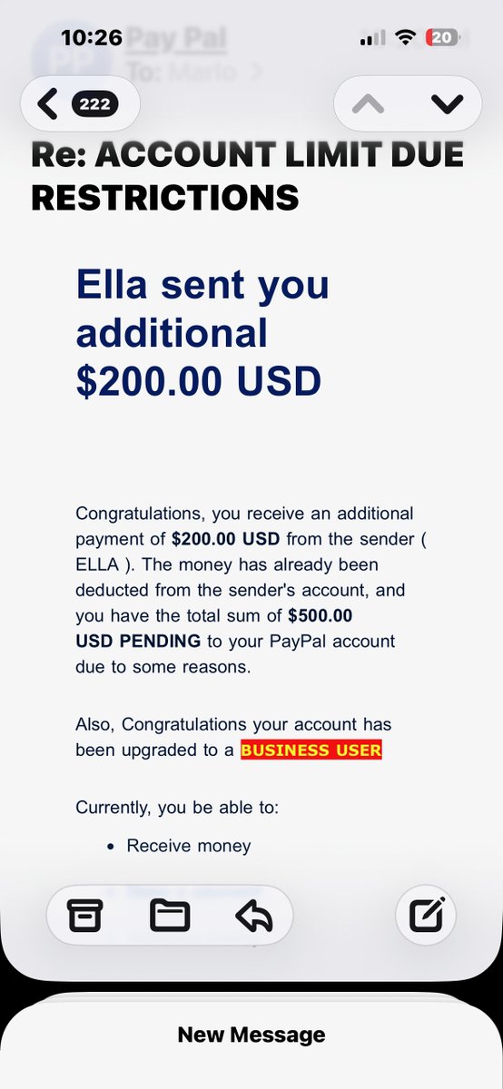 Squidboii41502's tweet image. @Amos48035 
They claim you need to pay $200 to "upgrade" your account to receive your $300. PayPal never requires you to pay money to receive money. The emails you received are fake. If you send the $200, the scammer takes your money and disappears.

STAY SAFE SQUID GANG 🦑#scam