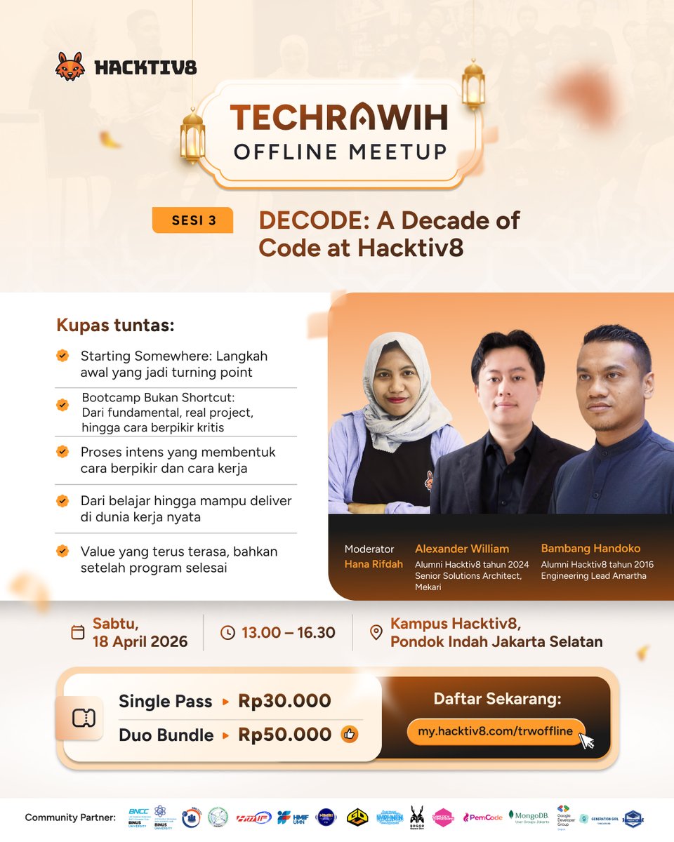 hacktiv8id's tweet photo. Dari ikut Bootcamp beneran bisa ngubah karier?

Yuk, denger langsung journey alumni Hacktiv8 dari mulai belajar sampai bisa kerja di industri!

🗓 Sabtu, 18 April 2026
📍 Hacktiv8 Pondok Indah
🎟 Normal 30.000 (Bundling 50.000)

Daftar https://t.co/HFmmeiMRHR https://t.co/GDdIHDwxKT