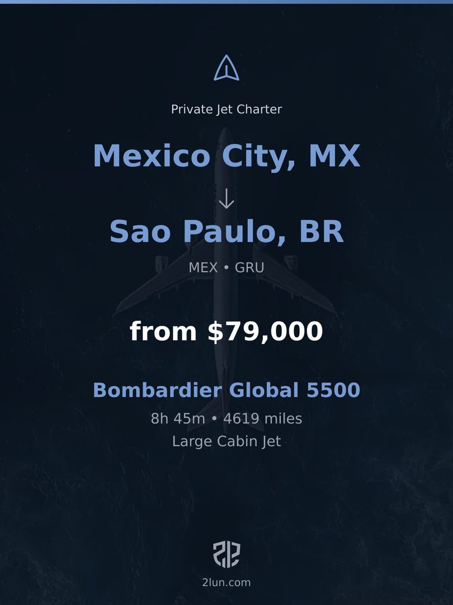 2lunjet's tweet photo. ๐ฒ๐ฝ Mexico City โ Sao Paulo ๐ง๐ท
Private Jet Charter
8h 45m | 4619 miles | From $79,000
Book your flight:
https://t.co/qZE515sVvC
#ExecutiveJet #FlyPrivate #TravelInStyle https://t.co/W1DkyfUoUj
