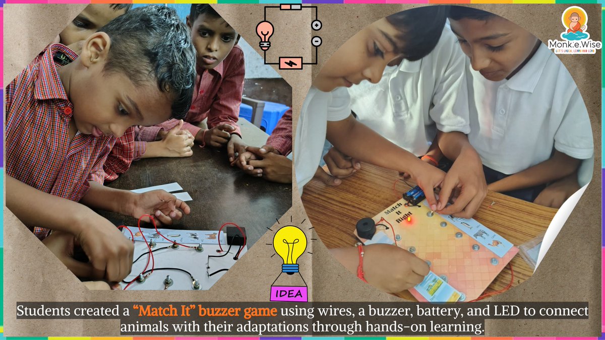 MonkEducation's tweet photo. Learning by doing at its best! ⚡🐾 Students built a “Match It” buzzer game using wires, battery, buzzer &amp; LED to explore animal adaptations in a fun and interactive way.
#STEMEducation #LearningByDoing #InnovationInClassroom #YoungInnovators #ActivityBasedLearning 
#Monkewise https://t.co/r9HLUDy9BH
