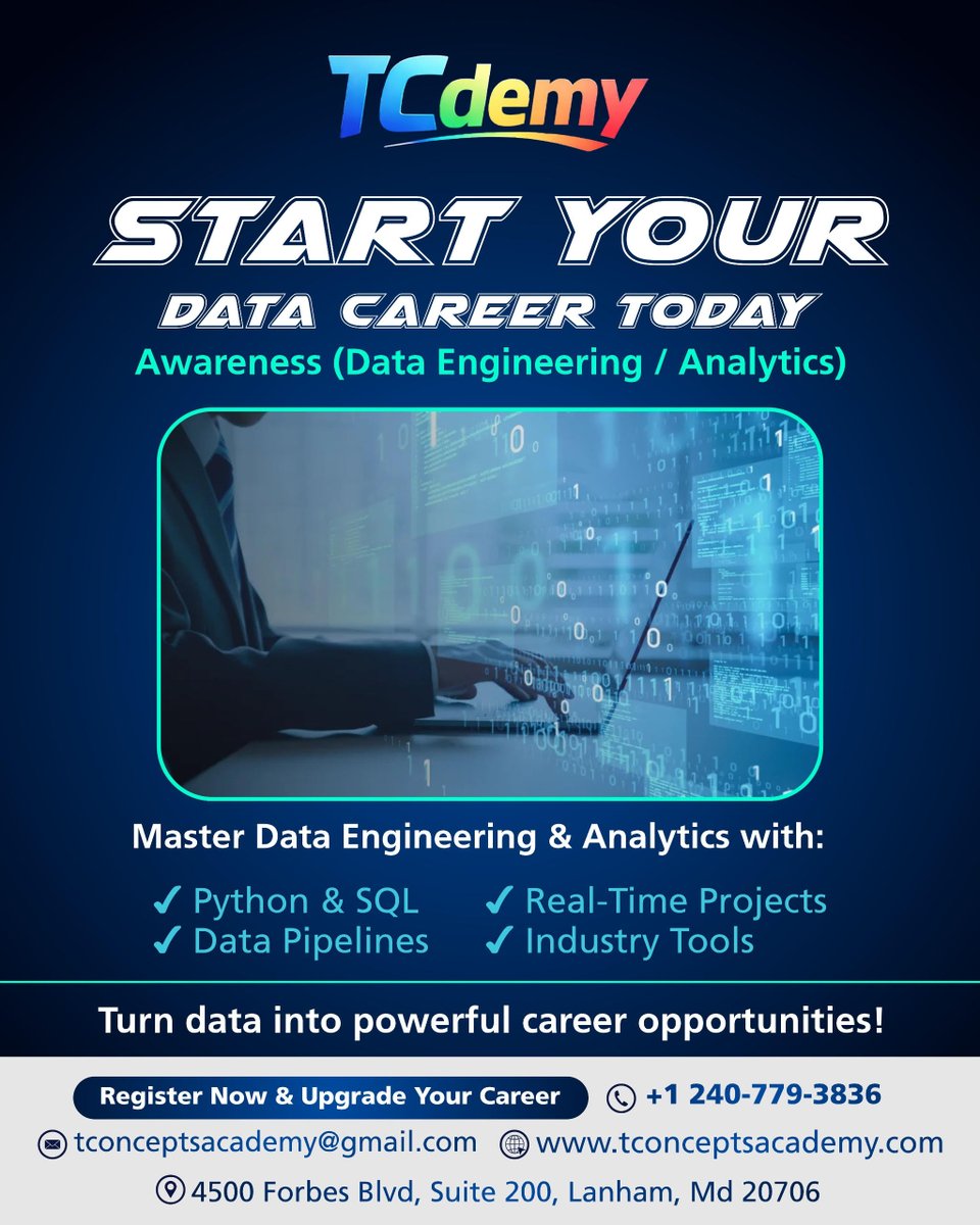 TCAcadamy2024's tweet image. 📷 Start Your Data Career Today with TCdemy!
Ready to step into Data Engineering &amp;amp; Analytics? Learn the most in-demand skills and build a strong career in tech. 📷

#TCdemy #DataEngineering #DataAnalytics #Python #SQL #DataScience #TechCareer #CareerGrowth #Upskill #LearnTech