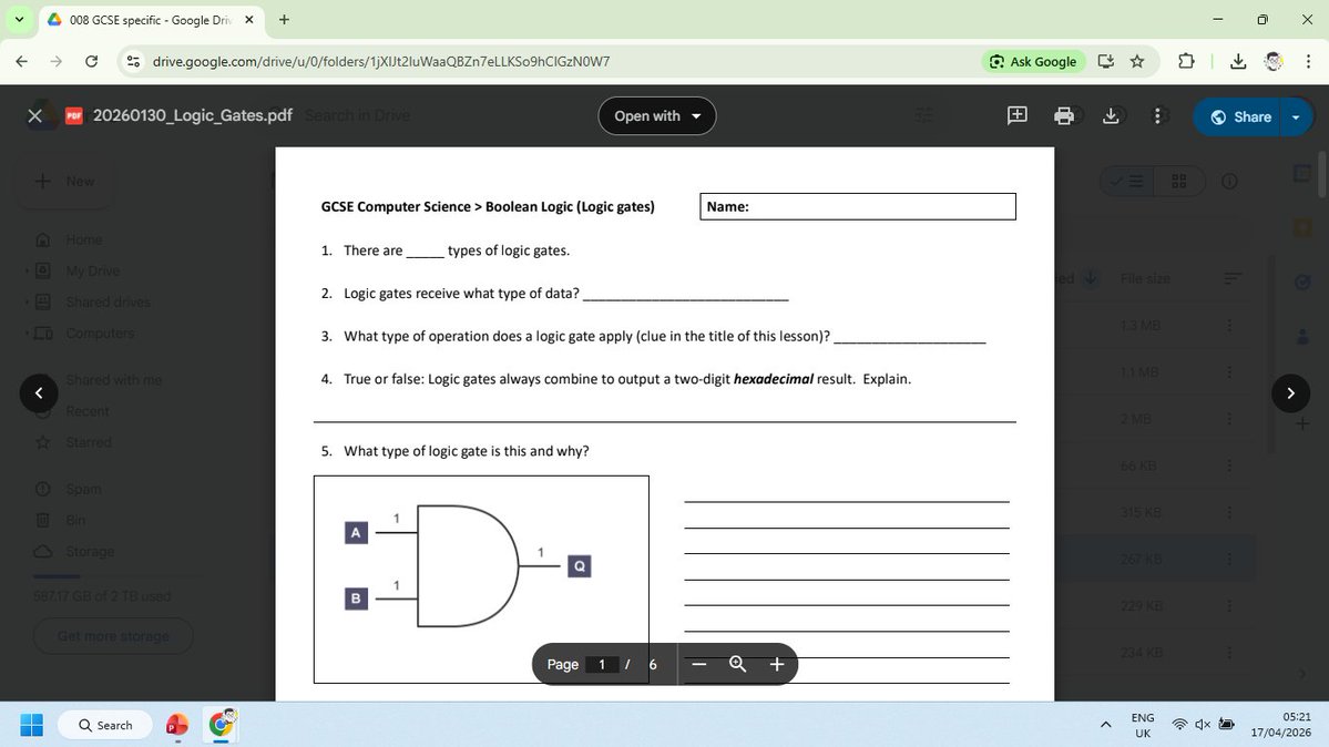 TsuiAllen's tweet image. Good #morningmugshot @debsybear Thank you for ♥️ my Primary Computing expectations grid. For  #GCSEComputerScience colleagues, here's today's #teacher5oclockclub #GetUpGetGoing offering already. A "do now" combined with exam practice on logic gates. drive.google.com/file/d/1TLMEsU…