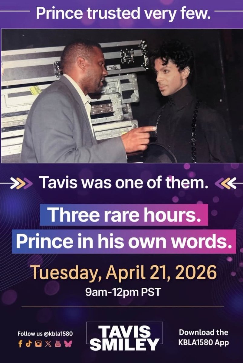 Azifikare's tweet image. Tune in via the radio station, the KBLA1580 App, or through their official website #Prince