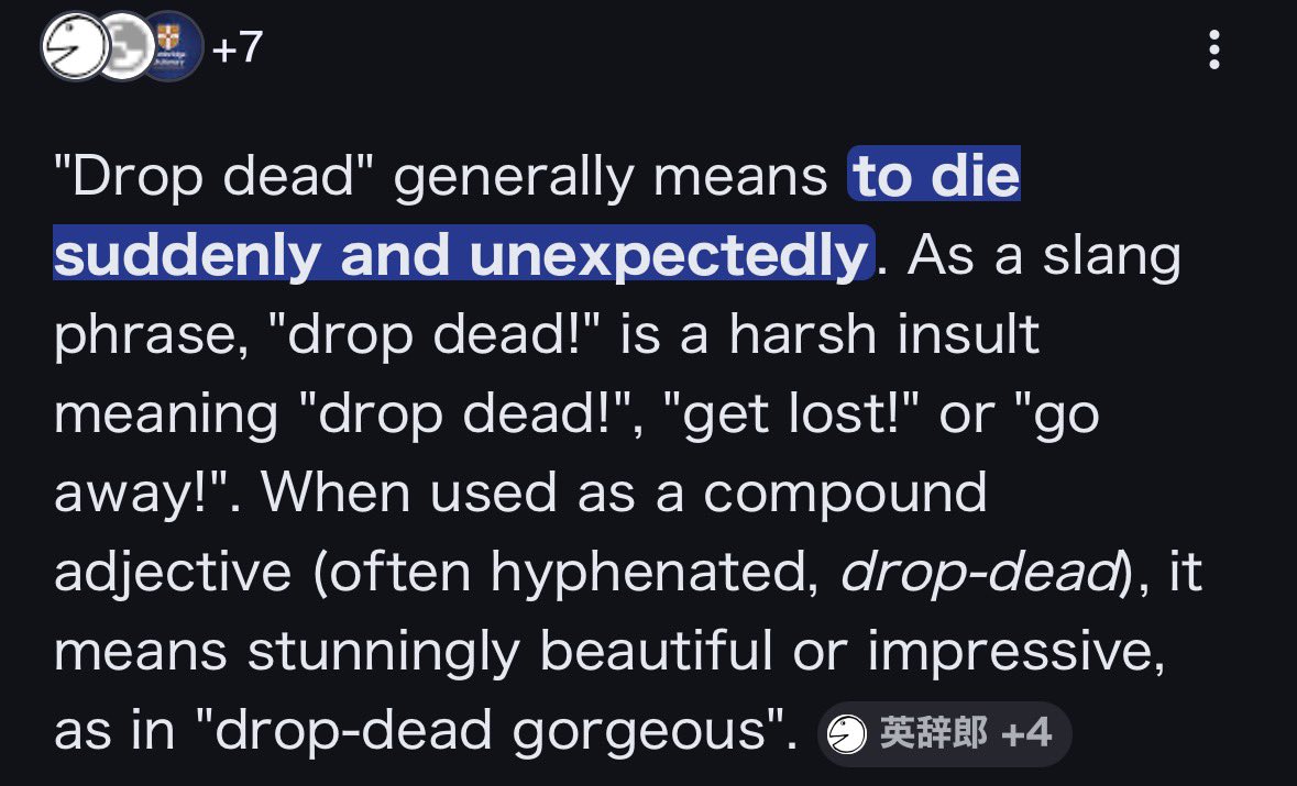 恥ずかしながら"drop dead/drop-dead"という単語を知らなかったんだけどいい意味と悪い意味のふたつのニュアンスがある単語なんだね💔btw, olivia looked drop-dead stunning in the #DROPDEAD mv!!!
