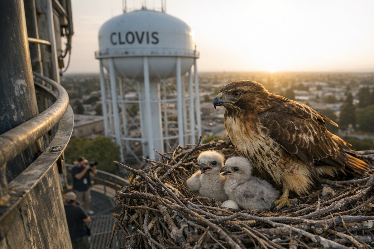PrismFresnoCA's tweet image. Two red-tailed hawk chicks just hatched on top of a Clovis water tower. Four eggs, a live nest cam, and a front-row seat to wildlife in the middle of Old Town Clovis. Nature picked the least expected condo. #Clovis #Wildlife