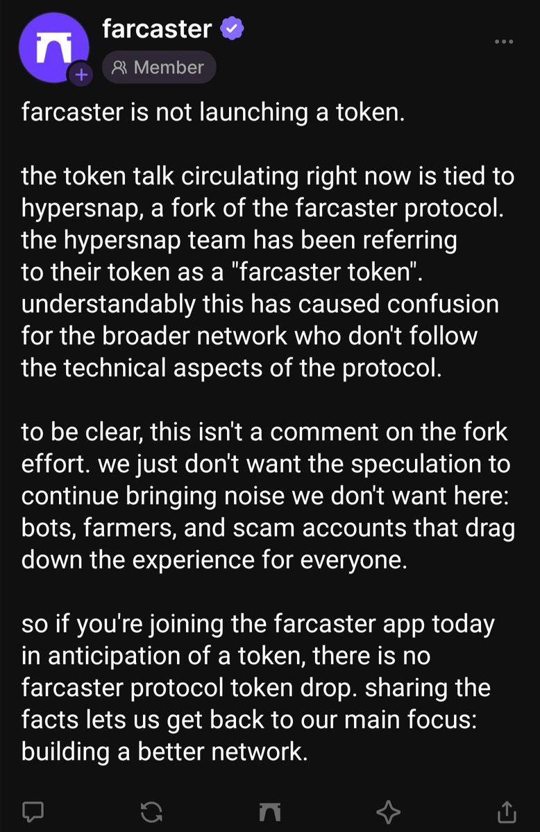 CryptoTeluguO's tweet photo. 📝 Farcaster & Farcaster Classic explained

👇Let's see Farcaster recent events first
📆Dec 2025 - Changed the vision from social media to wallet focused
📆Jan 2026 - Farcaster core team sold it to @neynarxyz
📆Feb 2026 - Both core team members @dwr & @varunsrin left farcaster & joined new project

🤷Basically core team sold & left the project

✅After this @neynarxyz took control of Farcaster
🧑‍💻As per ex Farcaster @cass_on_mars , Neynar has repeatedly abused their new power
👥lying to users by telling them they are upholding farcaster as a decentralized network. But It is not
💾Validators are controlled by Neynar

🧑‍💻So Cassie & team decided to fork Farcaster chain "Snapchain" to "Hypersnap"
👥Hypersnap is decentralized & it is achievable with token & other improvements
📝Full fork & improvement proposal was published here - https://t.co/ia0Mup3cLZ

👇Tokenomics from FIP
🪙Total supply - 2B
🪙Retro Airdrop 10% - 200M

🪙Future Tokens are earned via Proof of Work
❌But non Hash
❌No equipment for mining
✅Earn via contribution, not mining
📉Token emission also have bitcoin style Halving but every 2 years

🐦Cassie & team addressing this new fork & it's token as Farcaster & old one Farcaster Classic
🤷So now both old & new team fighting for "Farcaster" title.. The loosing team will be called "Farcaster Classic"
😅In this case the @neynarxyz controlled Snapchain is addressed as "Farcaster Classic" because it is more centralized one

😉I support Hypersnap Farcaster
🫵What about u? Let me know

💙Like
🔁RT