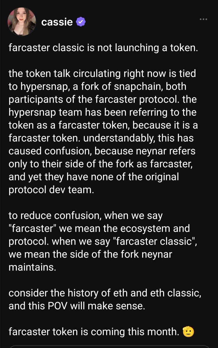 CryptoTeluguO's tweet photo. 📝 Farcaster & Farcaster Classic explained

👇Let's see Farcaster recent events first
📆Dec 2025 - Changed the vision from social media to wallet focused
📆Jan 2026 - Farcaster core team sold it to @neynarxyz
📆Feb 2026 - Both core team members @dwr & @varunsrin left farcaster & joined new project

🤷Basically core team sold & left the project

✅After this @neynarxyz took control of Farcaster
🧑‍💻As per ex Farcaster @cass_on_mars , Neynar has repeatedly abused their new power
👥lying to users by telling them they are upholding farcaster as a decentralized network. But It is not
💾Validators are controlled by Neynar

🧑‍💻So Cassie & team decided to fork Farcaster chain "Snapchain" to "Hypersnap"
👥Hypersnap is decentralized & it is achievable with token & other improvements
📝Full fork & improvement proposal was published here - https://t.co/ia0Mup3cLZ

👇Tokenomics from FIP
🪙Total supply - 2B
🪙Retro Airdrop 10% - 200M

🪙Future Tokens are earned via Proof of Work
❌But non Hash
❌No equipment for mining
✅Earn via contribution, not mining
📉Token emission also have bitcoin style Halving but every 2 years

🐦Cassie & team addressing this new fork & it's token as Farcaster & old one Farcaster Classic
🤷So now both old & new team fighting for "Farcaster" title.. The loosing team will be called "Farcaster Classic"
😅In this case the @neynarxyz controlled Snapchain is addressed as "Farcaster Classic" because it is more centralized one

😉I support Hypersnap Farcaster
🫵What about u? Let me know

💙Like
🔁RT