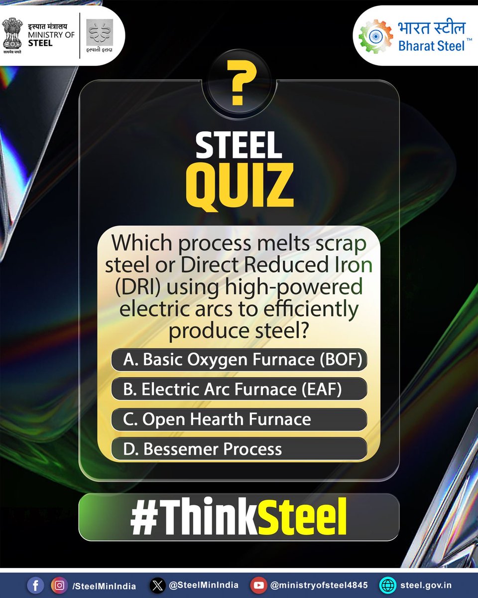 SteelMinIndia's tweet photo. How well do you know steel—the backbone of modern India? 🔩
From infrastructure to innovation, steel is everywhere. Take this quick quiz and test your knowledge!

#SteelQuiz #SteelFacts #ThinkSteel https://t.co/xnM9jM3piv