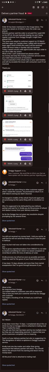 ash226kr's tweet photo. @SwiggyCares @harshamjty @jagograhakjago Look at trailing mail and Twitter complaints. For almost a month I've complained via all means but response is we are looking into it, it has been escalated. Swiggy doesn't care about their customers time and mental health. The Swiggy has become partner in crime.@SwiggyCares https://t.co/Cqp0CzIotv