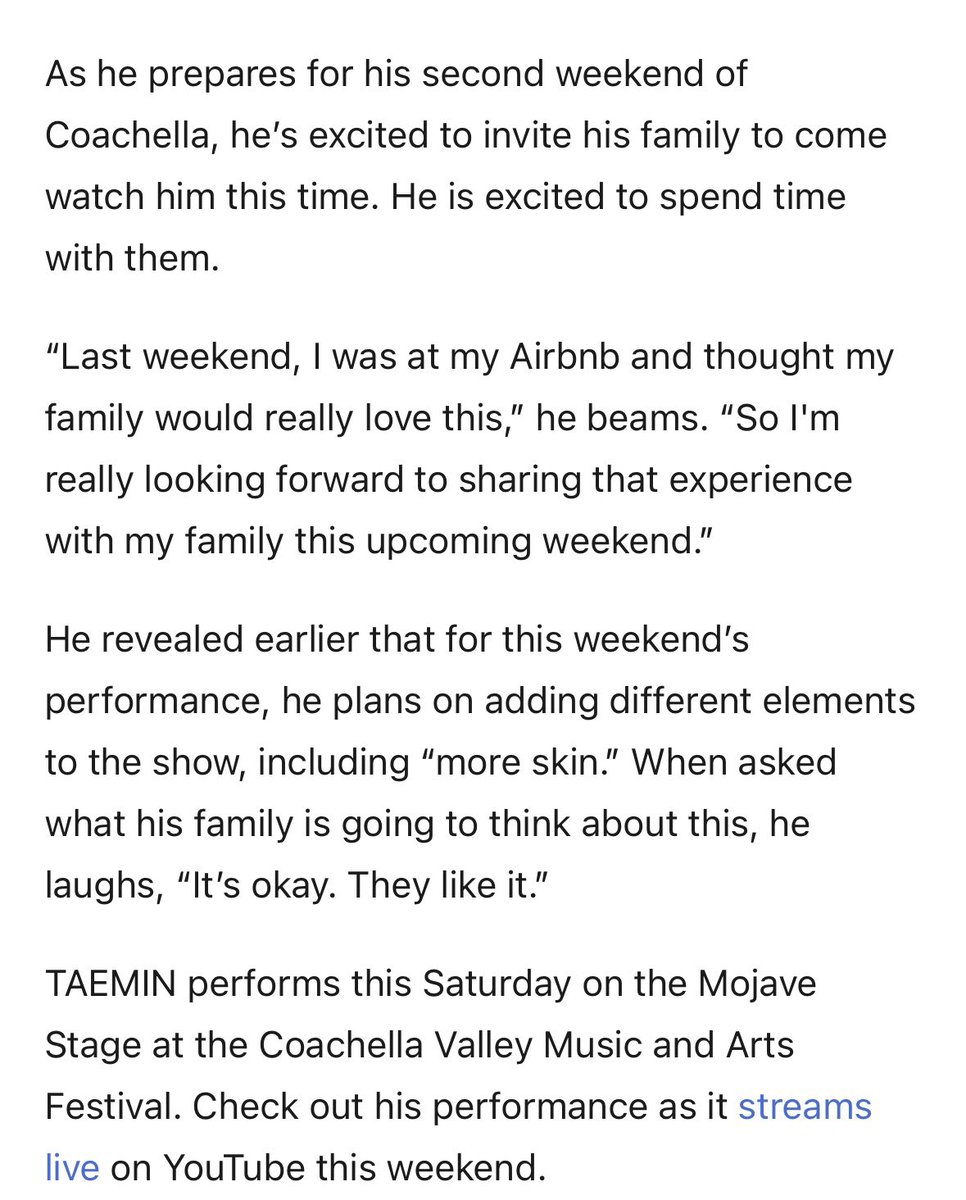 Loya_Taemint's tweet photo. Taemin’s family will come taemchella🥹

“Last weekend,I was at my Airbnb,thought my family would really love this. So I'm looking forward to sharing that experience w/ my family”

When asked what his family will think about showing more skin,he laughs”It's ok. They like it."
😂 😂😂
