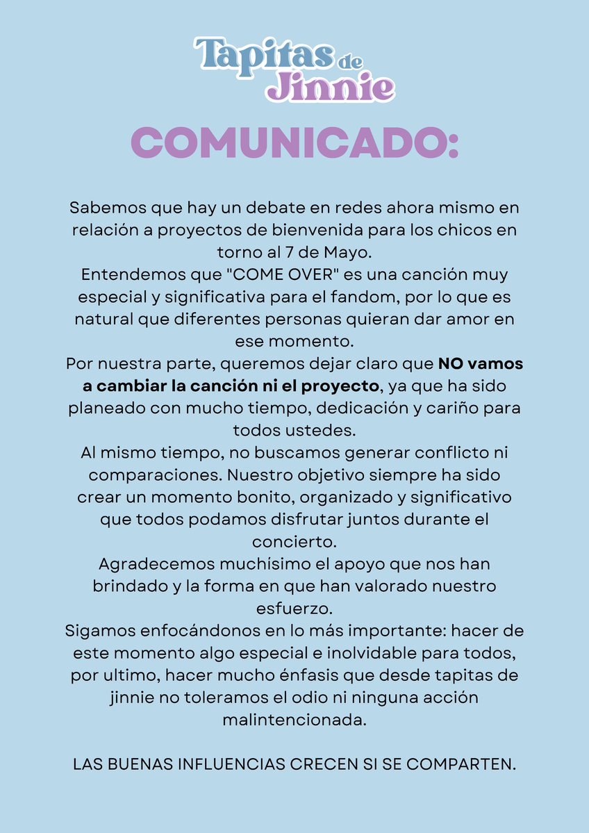 tapitasdejinnie's tweet image. Aviso importante:

Les agradecemos todo el amor que le han dado a mexikosmos, seguiremos comprometida en hacer nuestra dinámica desde el respeto y amor por los chicos.

#ComeOver #BTS #ARMY #Fanproject7Mayo #méxico