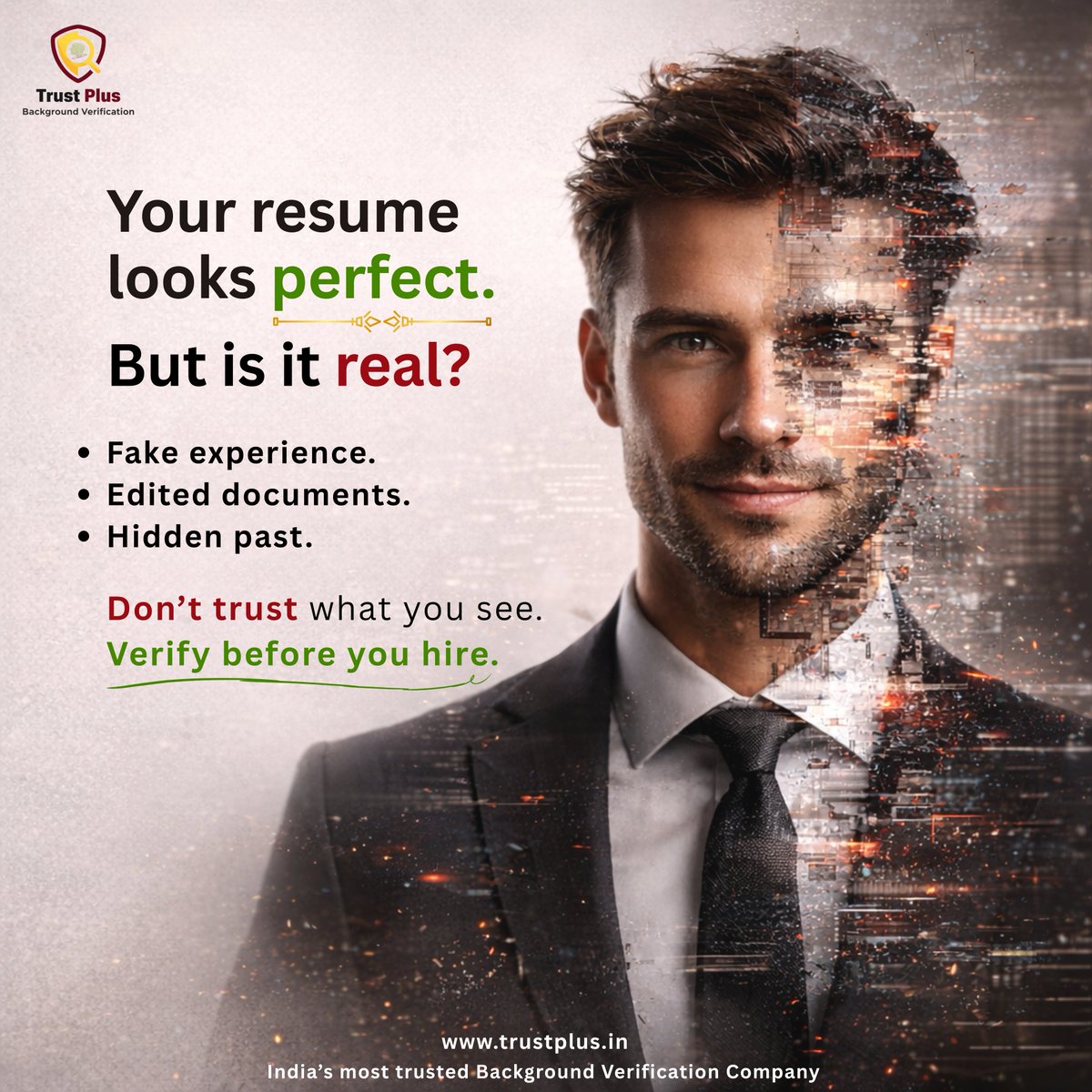 PlusTrust30329's tweet image. A perfect resume ≠ a perfect candidate.

Polished profiles can hide:
• Fake experience
• Edited details
• Missing truths
Smart hiring isn’t about what looks good—
it’s about what’s verified.
Take a smarter step before your next hire.
#Trustplus #BackgroundVerification