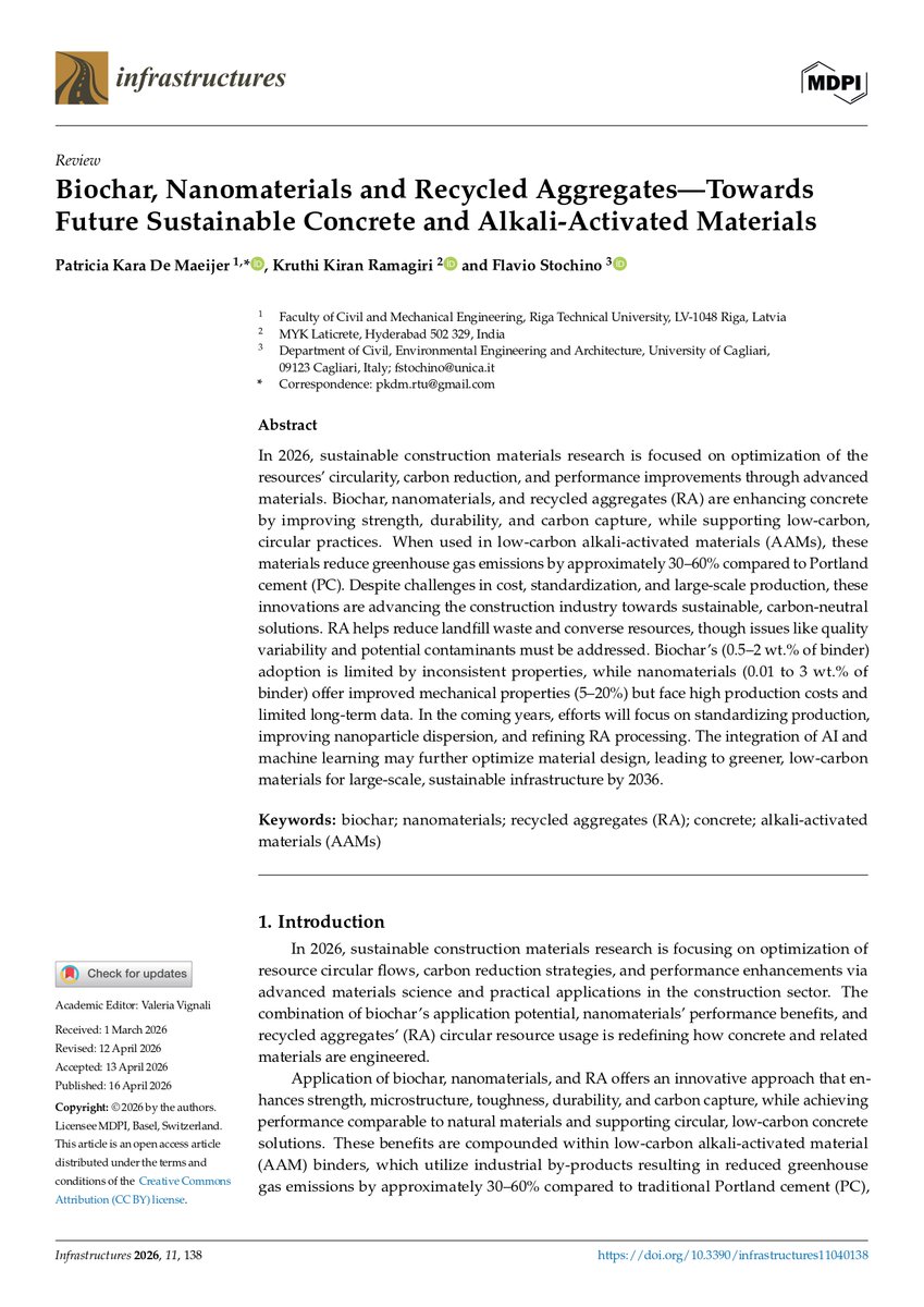 flavio_stochino's tweet image. Our new review explores how biochar, nanomaterials, and recycled aggregates can transform concrete into a low-carbon, circular, high-performance material—with potential CO₂ reductions up to 60%.
🔗mdpi.com/2412-3811/11/4…
#SustainableConstruction #Concrete #Biochar #RCA