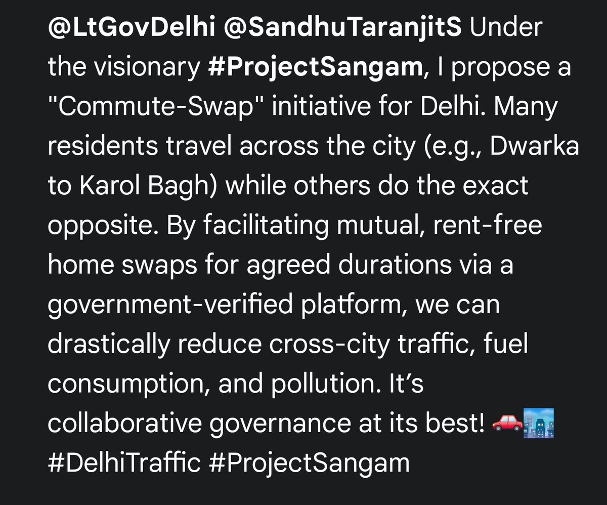 bhallamani's tweet photo. @LtGovDelhi @SandhuTaranjitS  #ProjectSangam, I propose a "Commute-Swap" initiative for Delhi. Many residents travel across the city, while others do the exact opposite. By facilitating mutual, rent-free home swaps for agreed durations via a gov #DelhiTraffic #ProjectSangam https://t.co/rVNYgtr4OD