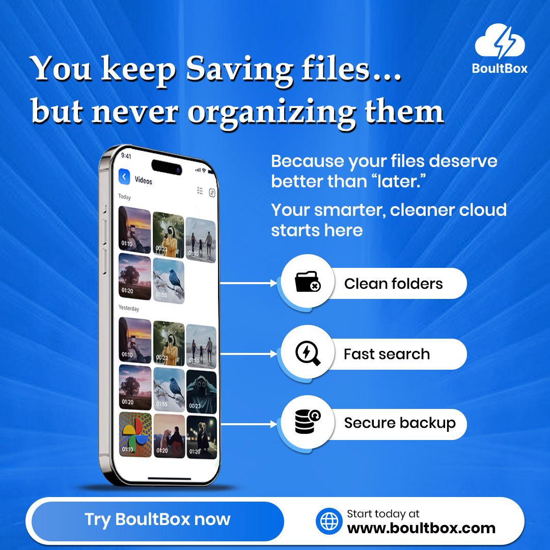 BoultBox's tweet image. “I’ll organize it later” never happens.
Clutter grows. Files get lost. Time gets wasted.
Use free cloud storage with BoultBox (100GB):
✔️ Clean folders
✔️ Fast search
✔️ Secure backup
👉 Get organized today
#cloudstorage #productivity #filestorage #freestorage #boultbox