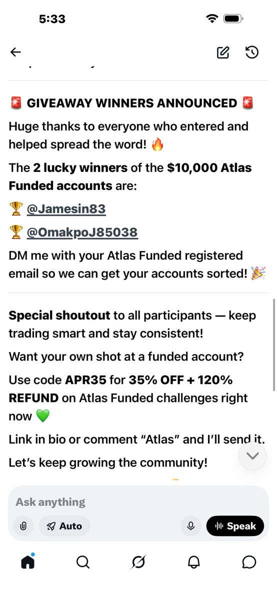 MuhammadHa1r's tweet photo. 🚨 GIVEAWAY WINNERS ANNOUNCED 🚨
Huge thanks to everyone who entered and helped spread the word! 🔥
The 2 lucky winners of the $10,000 Atlas Funded accounts are:
🏆 @Jamesin83
🏆 @OmakpoJ85038

Open ticket in discord to claim https://t.co/PSCiuYzby9