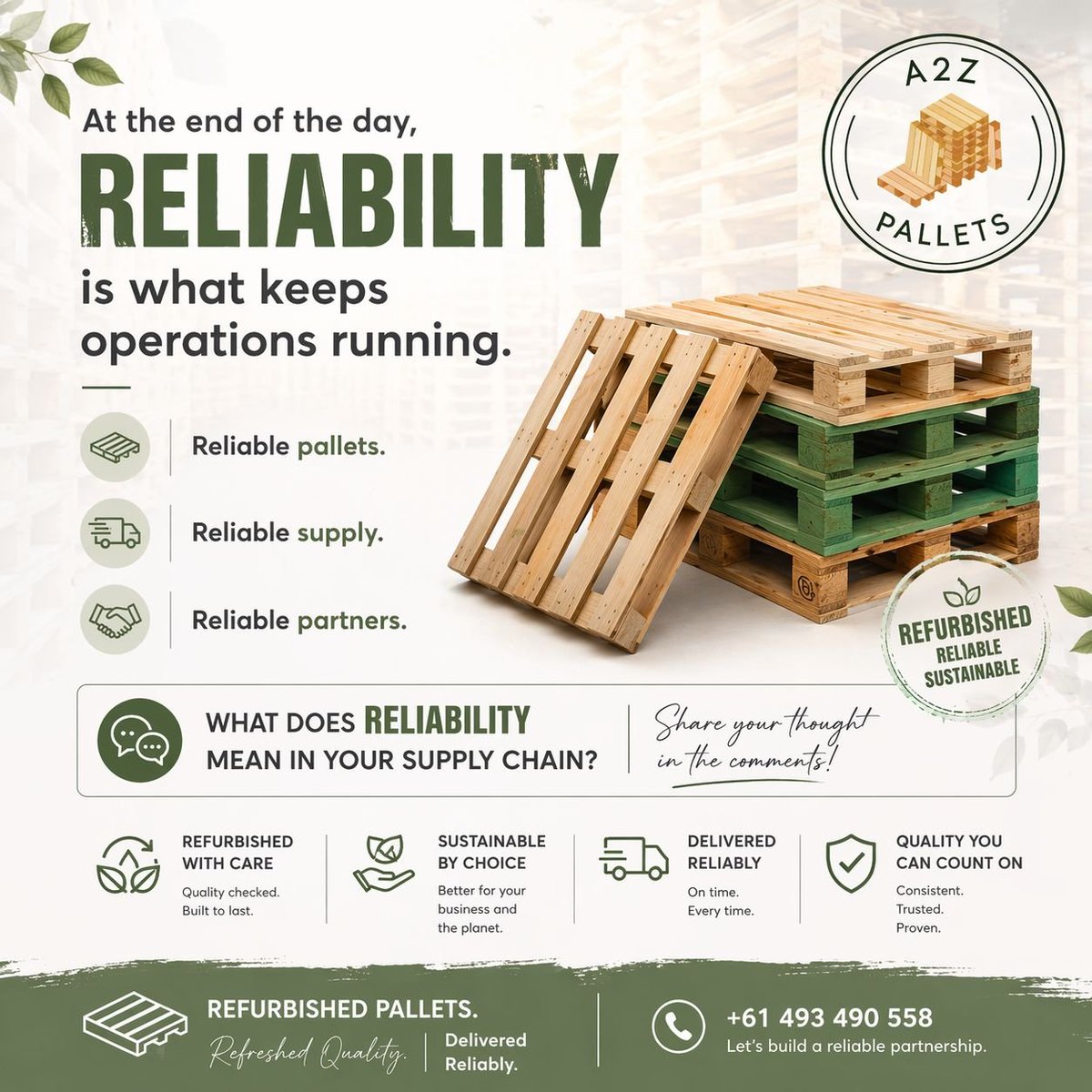 a2zpalletsnsw's tweet image. What does reliability mean in your supply chain?

We’re always open to a quick conversation.
Let’s solve your pallet supply, the right way.

📩 sales@a2zpallets.com.au
📞 +61 493 490 558

#a2zpallets #supplychain #pallets #refurbishedpallets