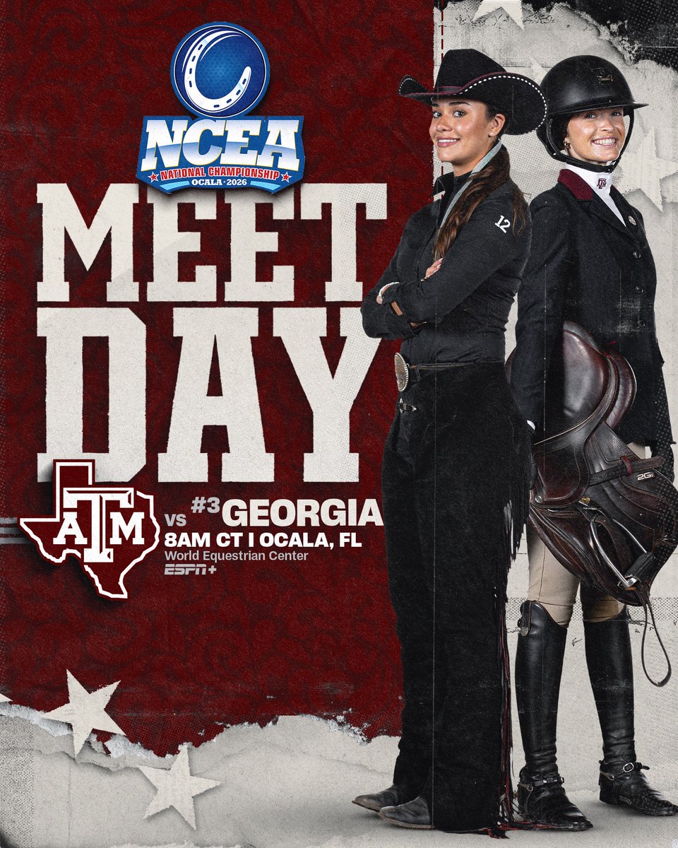 AggieEquestrian's tweet image. Bright and early ☀️

🆚 (3) Georgia
⏰ 8 AM CT
🏟️ World Equestrian Center
📍 Ocala, Florida
📺 ESPN+
📊 aggi.es/4dPXY22

#GigEm | #Relentless