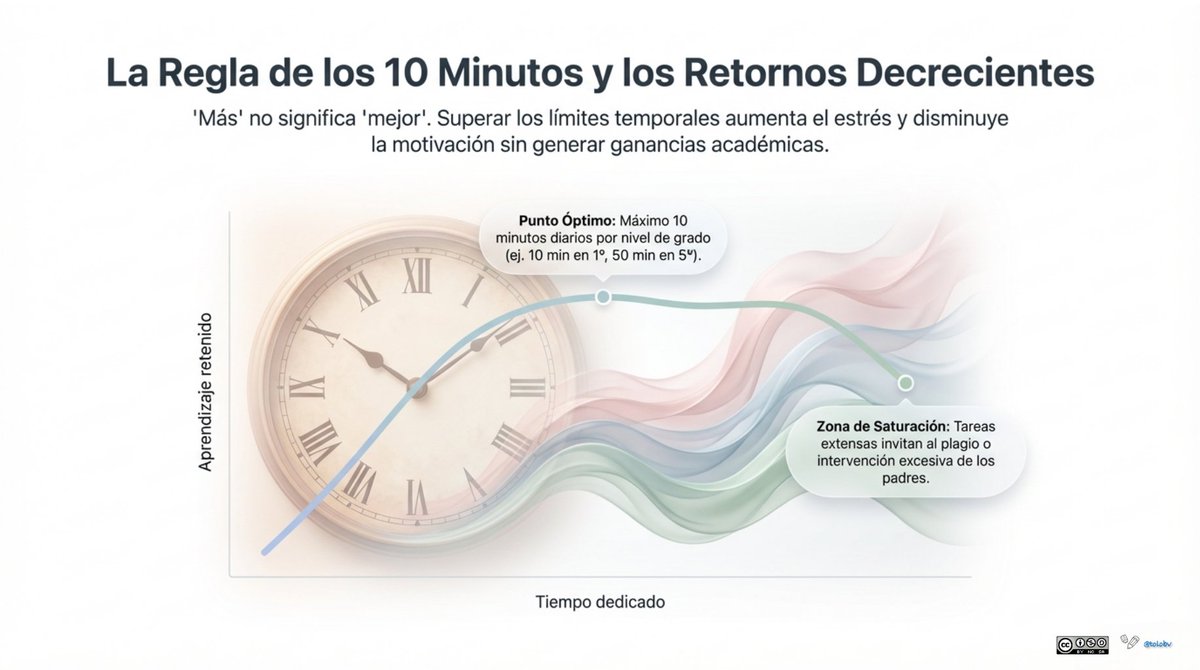 tolobv's tweet image. ¿Sabías que existe una zona de saturación? 🛑 Sigue la regla: 10 min x grado (1º=10min... 6º=60min). Superar este límite genera frustración, plagio y rechazo. 
Buscamos Eficiencia Cognitiva, no volumen. 📉
#Deberes #Primaria #Secundaria #ClaustroVirtual