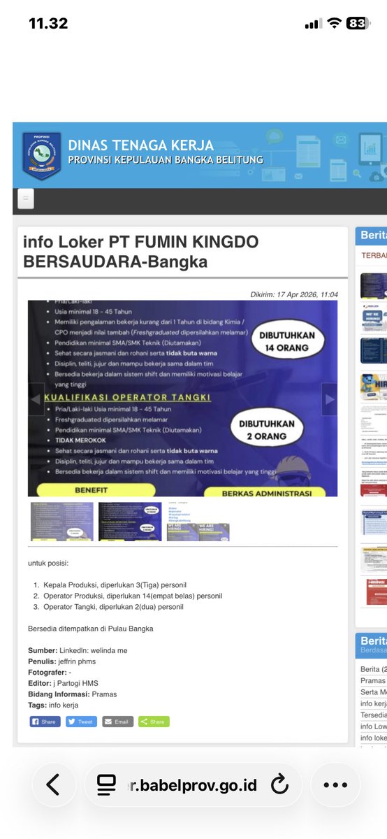 disnaker_babel's tweet photo. info Loker PT FUMIN KINGDO BERSAUDARA-Bangka
posisi:
1. Kepala Produksi, butuh  3(Tiga) personil
2. Operator Produksi, diperlukan 14(empat belas) personil
3. Operator Tangki, diperlukan 2(dua) personil
Bersedia ditempatkan di Pulau Bangka

https://t.co/hC7Js50oHW

#disnakerbabel https://t.co/qgXSQXfNez